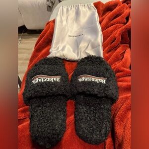 Balenciaga Black Fuzzy Slippers with Logo